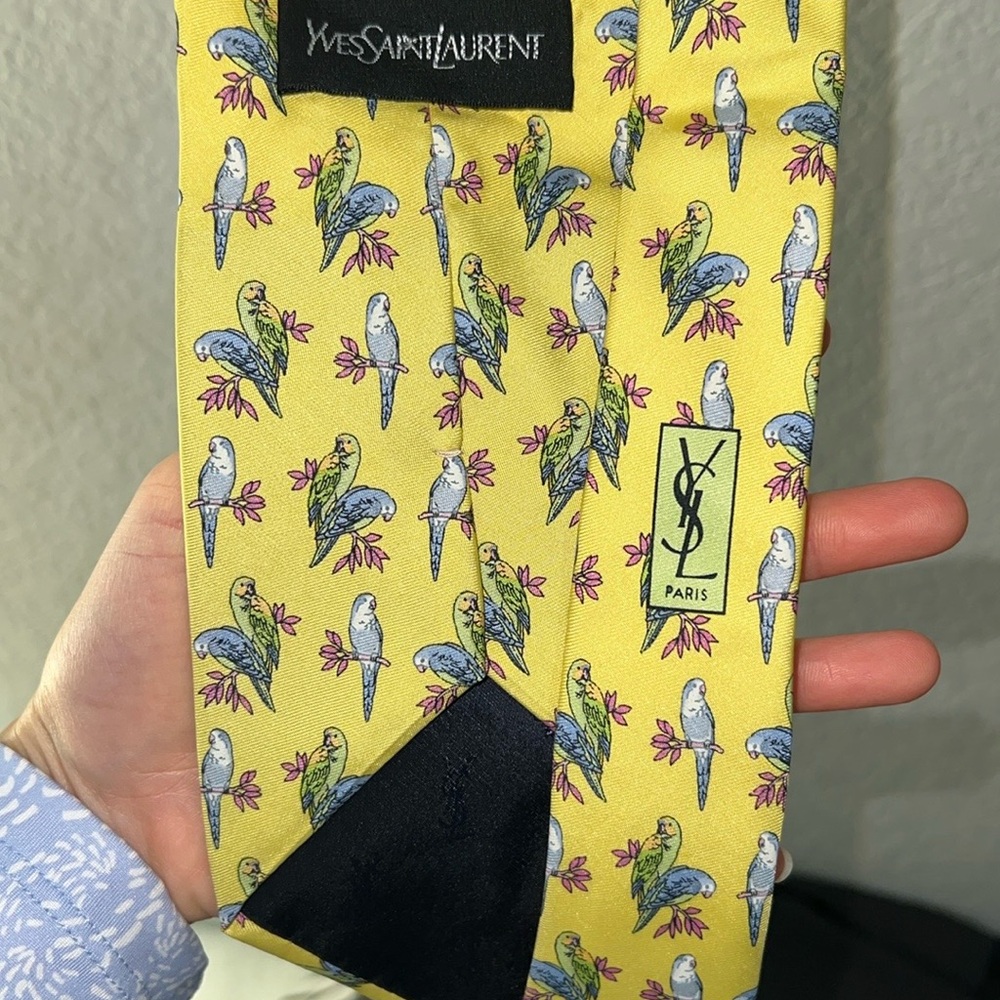 Yves Saint Laurent Yellow Silk Tie with parrot print